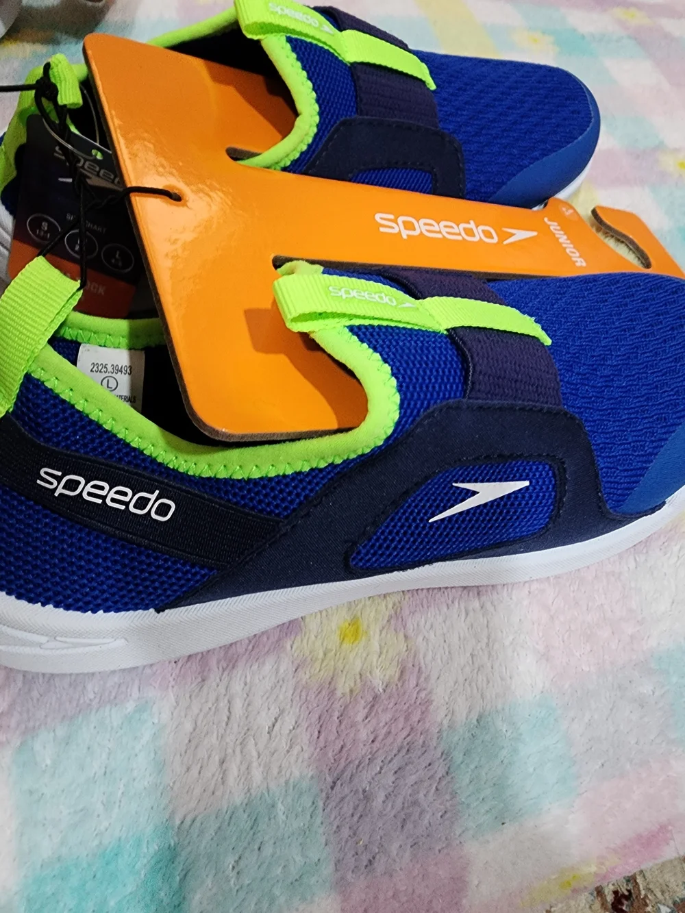 Speedo Junior Cobalt Blue and Neon Green Slip-On Water Shoes L ( 4-5)